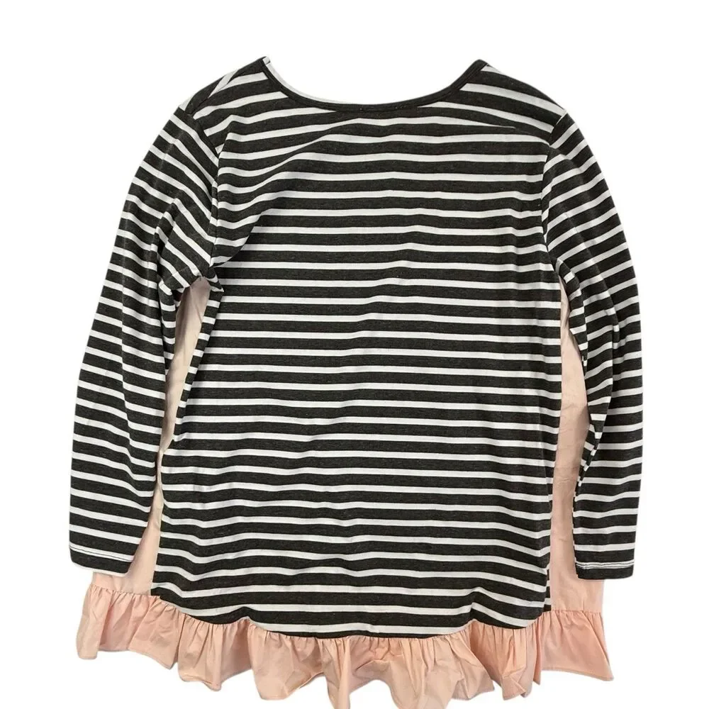 NEW Hayden Long Sleeve Striped Top Women Large Black Pink Ruffles Tunic